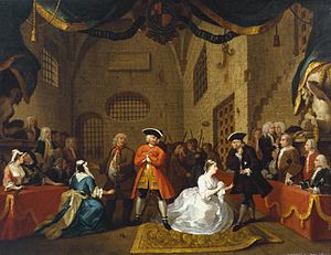 Depiction of final scene of The Beggar's Opera where all the women have been duped by Macheath